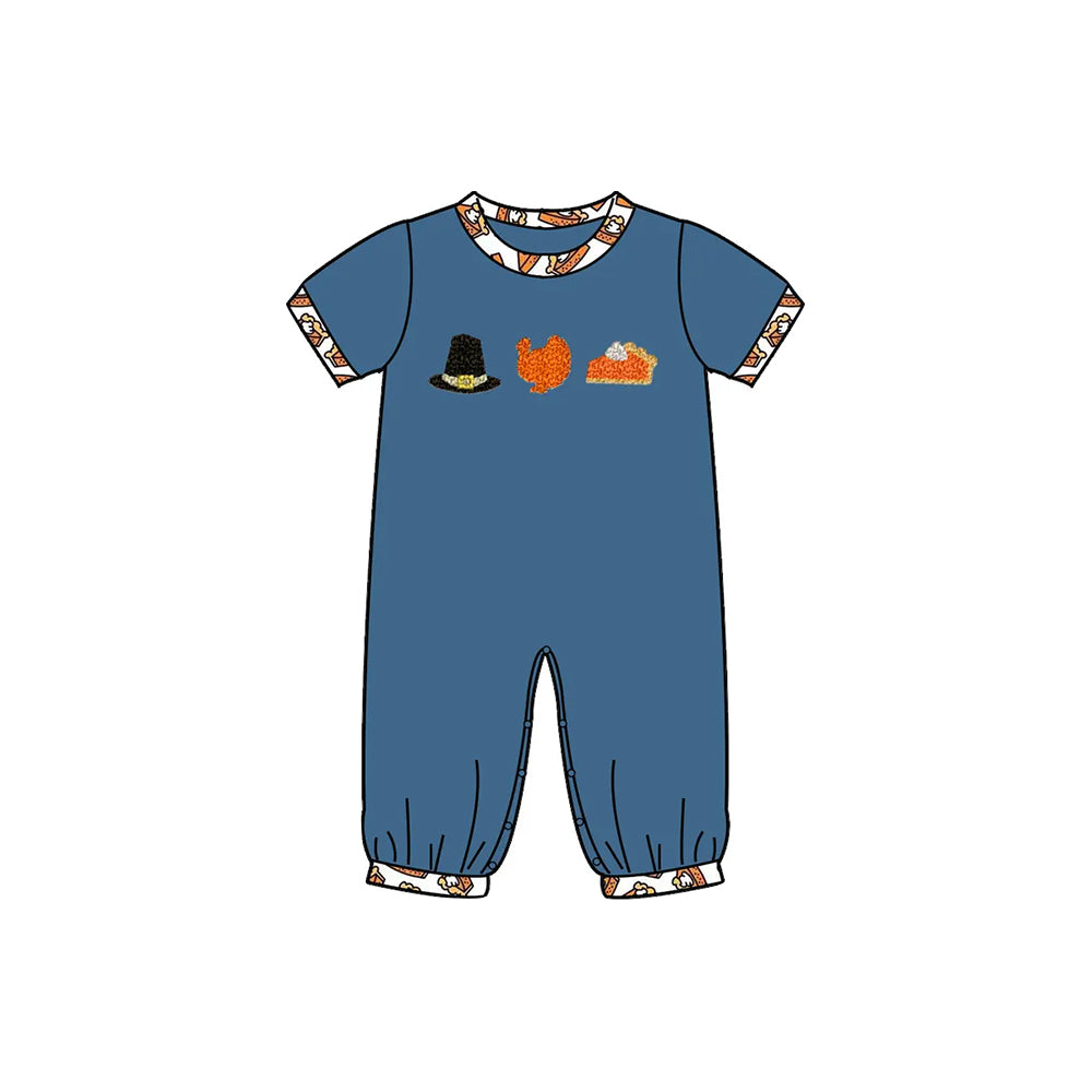 Preorder SR3111 Hat Turkey Cake Navy Blue Short Sleeve Romper Baby Boys Boutique Outfits 202505