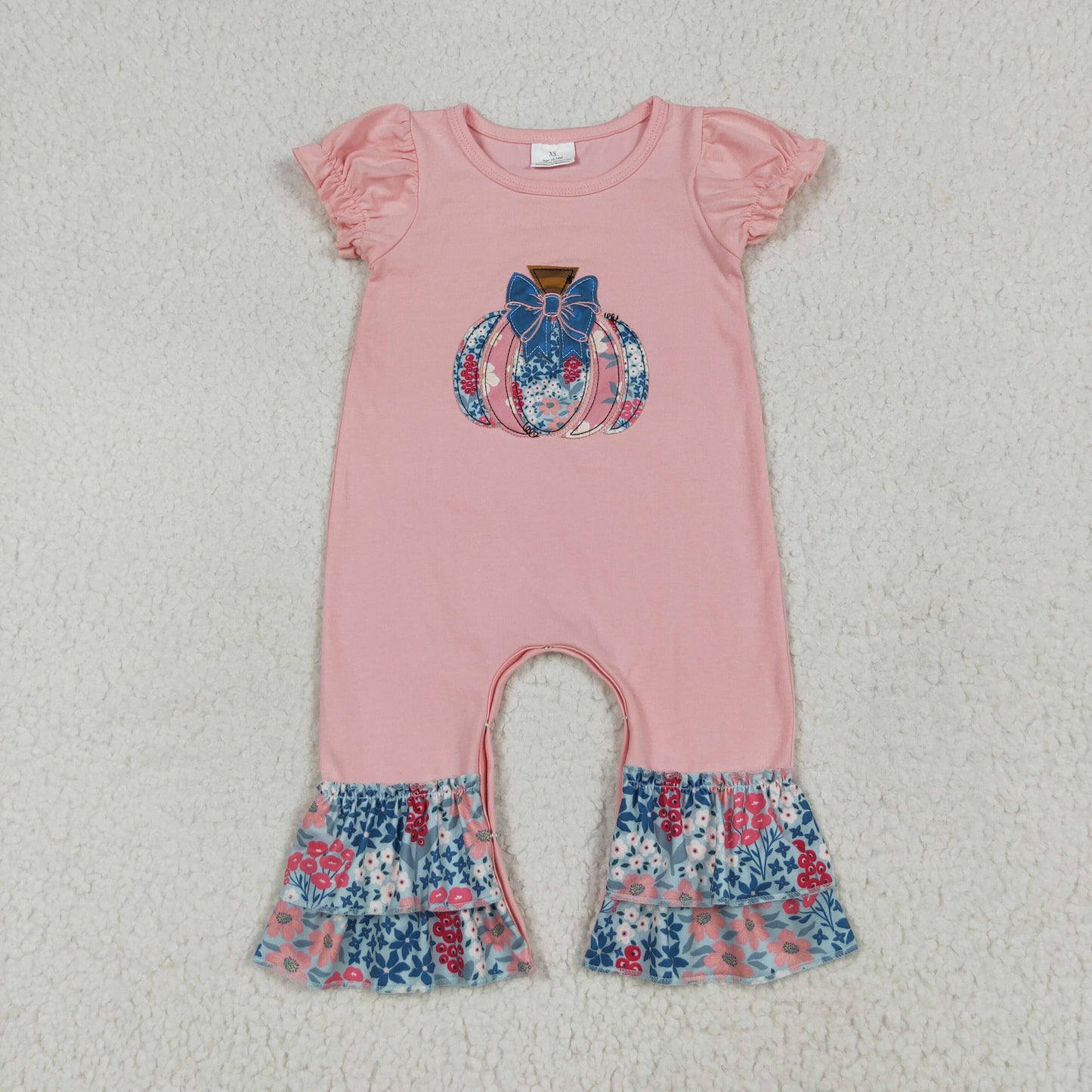 SR3112 Embroidered Pumpkin Flower Bow Pink Short Sleeve Romper Baby Girl Boutique Outfits 202506 RTS