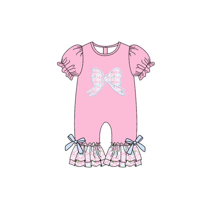 Preorder SR3113 Bow Pink Short Sleeve Romper Baby Girl Boutique Outfits 202505