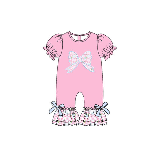 Preorder SR3113 Bow Pink Short Sleeve Romper Baby Girl Boutique Outfits 202505
