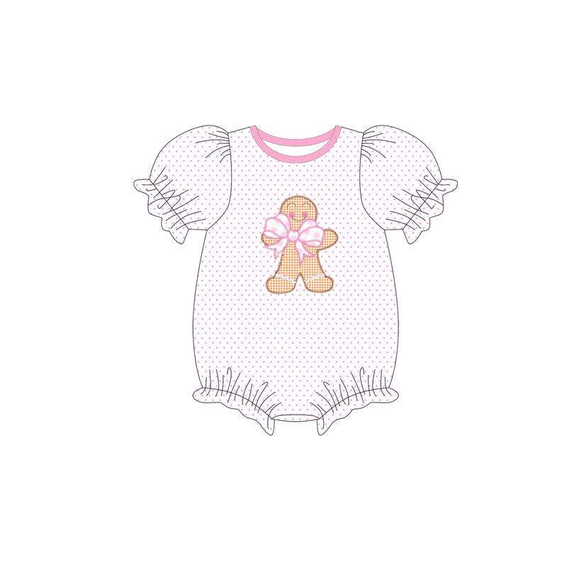 Preorder SR3114 Gingerbread Man Bow Polka Dot Pink White Short Sleeve Romper Baby Girl Boutique Outfits 202505