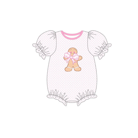 Preorder SR3114 Gingerbread Man Bow Polka Dot Pink White Short Sleeve Romper Baby Girl Boutique Outfits 202505