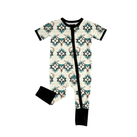 Preorder SR3115 Alpine Bull Head Geometric Beige Zipper Short Sleeve Romper Baby Boys Boutique Outfits 202505