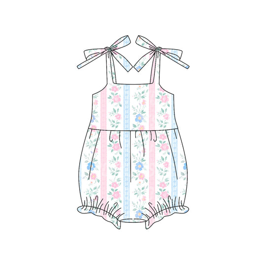 Preorder SR3118 Pink Blue Flower Stripe Halter Romper Baby Girls Boutique Outfits 202505