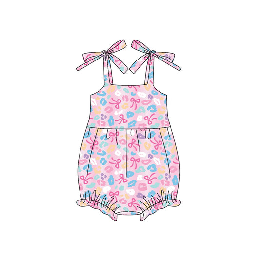 Preorder SR3124 Colored Leopard Bows Pink Halter Bubble Romper Baby Girls Boutique Outfits 202505