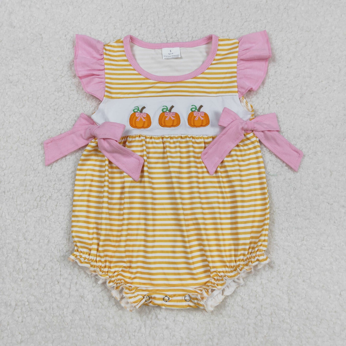 SR3125 Embroidered Pumpkin Orange Stripe Pink Bow Flying Sleeve Girls Bubble Romper 202508 RTS