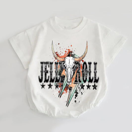 Preorder SR3126 Jelly Roll Alpine Bull Head Lightning White Short Romper Baby Boy Boutique Outfits 202505