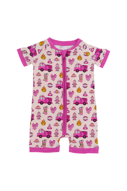 Preorder SR3131Fire Truck Fire Extinguisher Rose Red Bow Zippy Short Sleeve Rompers Baby Girls Boutique Outfits 202505