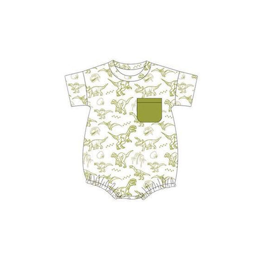Preorder SR3136 Boys Boutique Green Pocket Dinosaur White Short Sleeve Rompers 202505