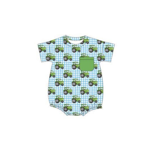 Preorder SR3137 Boys Boutique Green Pocket Tractors Blue Plaid Short Sleeve Rompers 202505