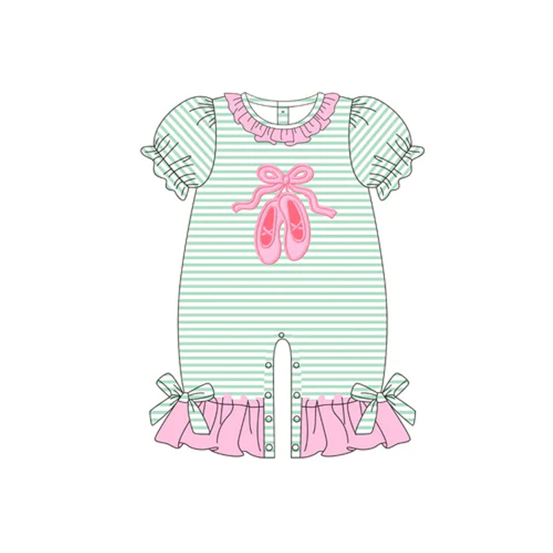 Preorder SR3139 Girls Boutique Shoes Bows Pattern Green Stripe Pink Ruffle Puff Short Sleeve Rompers 202505
