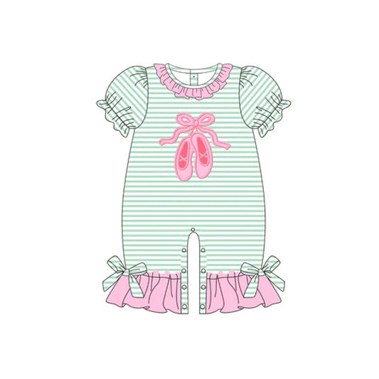 Preorder SR3139 Girls Boutique Shoes Bows Pattern Green Stripe Pink Ruffle Puff Short Sleeve Rompers  202505