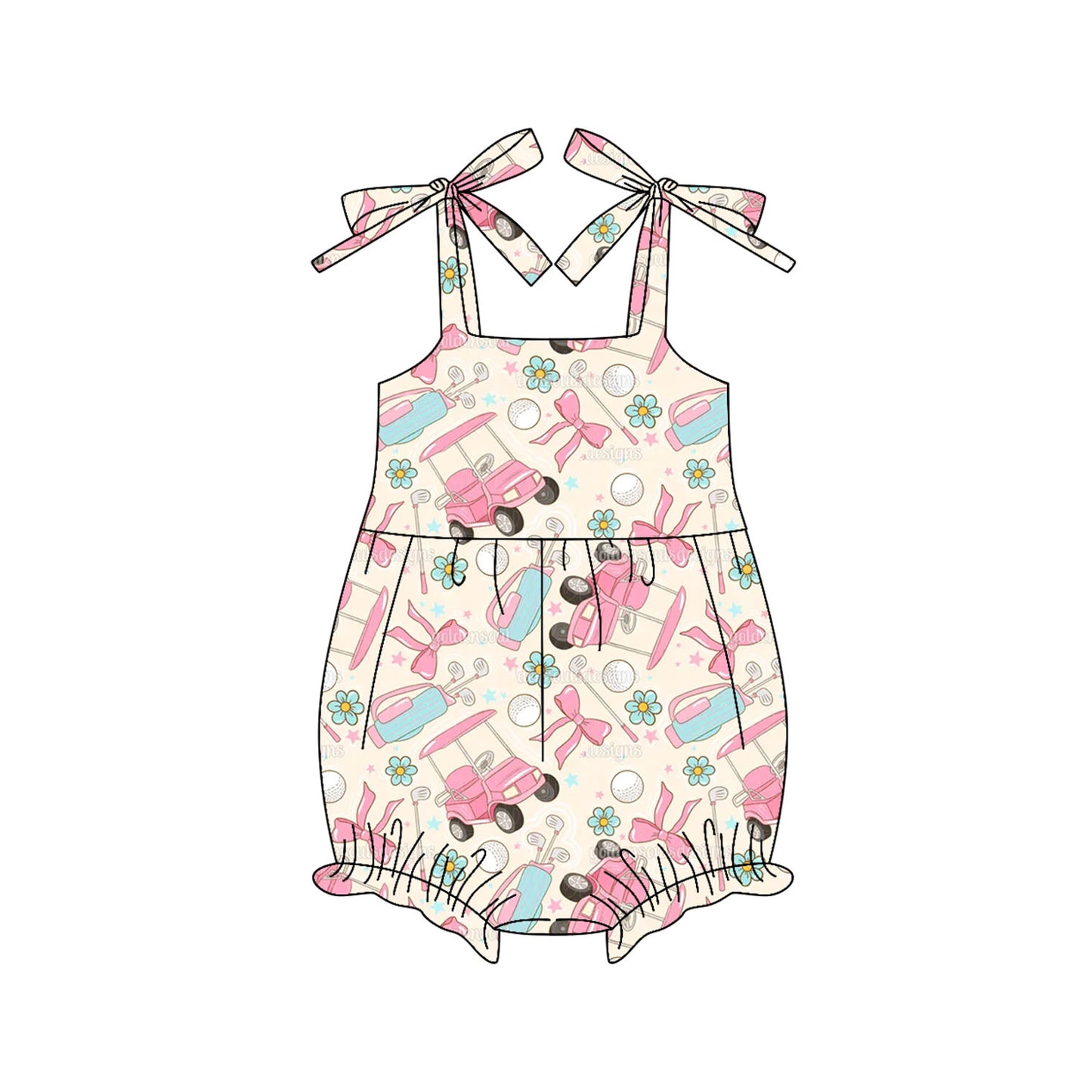 Preorder SR3140 Girls Boutique Flower Golf Car Beige Sling Halter Bubble Romper 202505