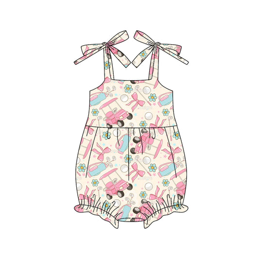 Preorder SR3140 Girls Boutique Flower Golf Car Beige Sling Halter Bubble Romper 202505