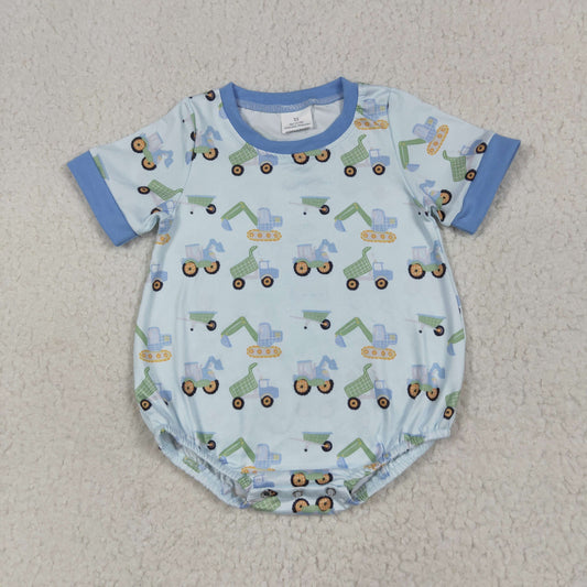 SR3142 boy boutique trucks pattern blue short sleeve bubble romper 202506 RTS
