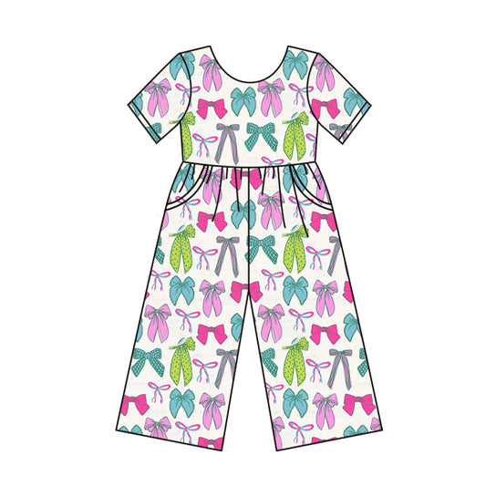 Preorder SR3143 Colored Bows Pink White Short Sleeve Overalls Jumpsuits Girl Boutique 202505