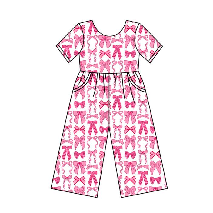 Preorder SR3144 Pink Bows White Short Sleeve Overalls Jumpsuits Girl Boutique 202505