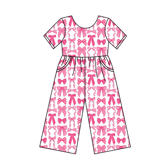 Preorder SR3144 Pink Bows White Short Sleeve Overalls Jumpsuits Girl Boutique 202505