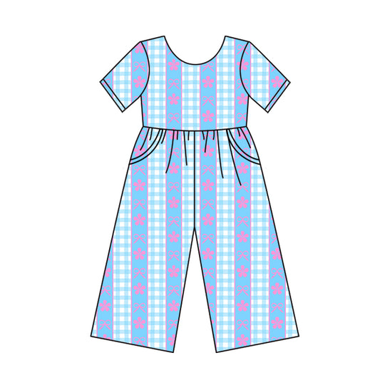 Preorder SR3146 Flower Bows Plaid Blue Short Sleeve Overalls Jumpsuits Girl Boutique 202505