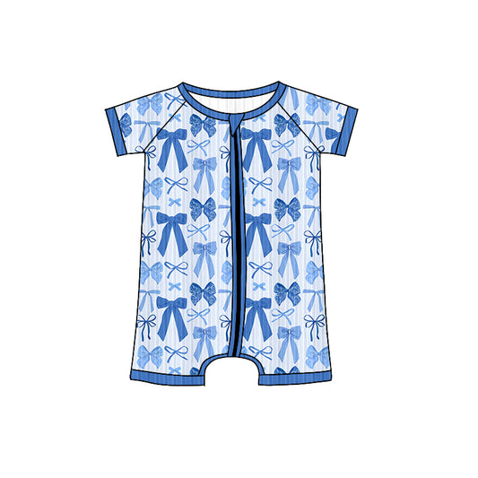 Preorder SR3153 Girls Boutique Blue Bows Ribbed Zipper Short Sleeve Romper 202506