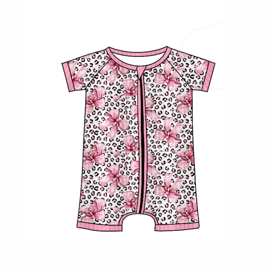 Preorder SR3154 Girls Boutique Pink Bows Leopard Ribbed Zipper Short Sleeve Romper 202506
