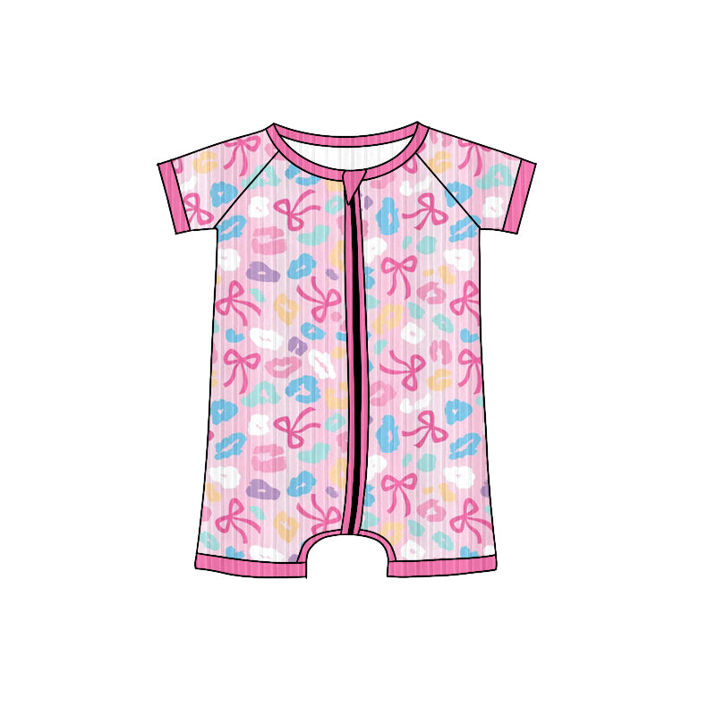 Preorder SR3165 Girls Boutique Leopard Bows Pink Ribbed Zipper Short Sleeve Romper 202506