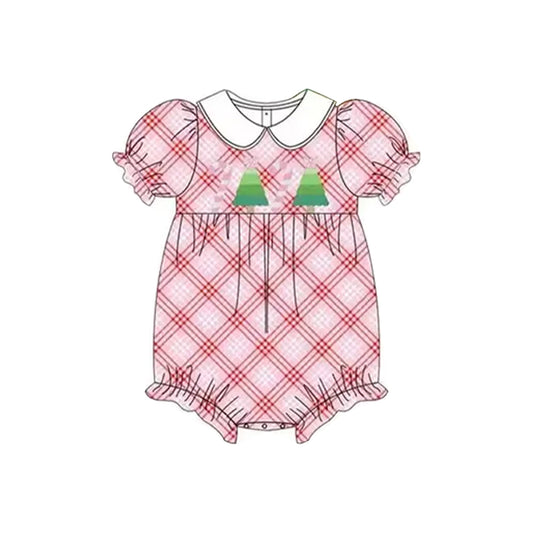 Preorder SR3167 Girls Boutique Candy Cane Christmas Tree Plaid Pink Puff Short Sleeve Doll Collar Bubble Romper 202506