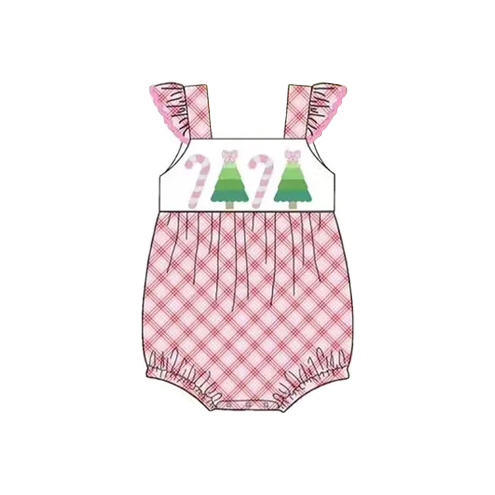 Preorder SR3168 Girls Boutique Candy Cane Christmas Tree Plaid Pink Flying Sleeve Bubble Romper 202506