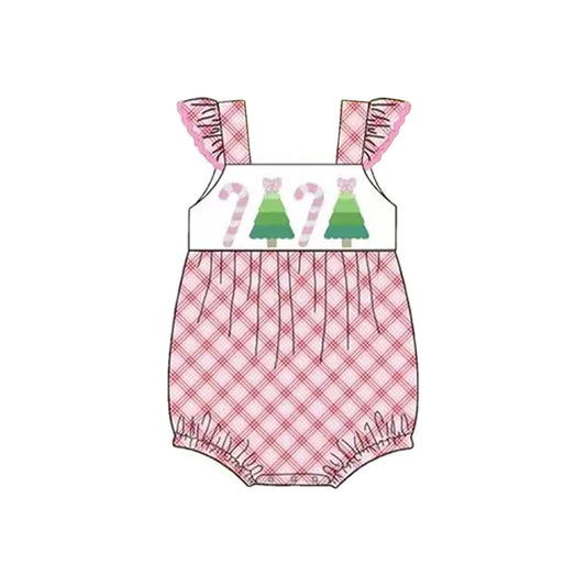 Preorder SR3168 Girls Boutique Candy Cane Christmas Tree Plaid Pink Flying Sleeve Bubble Romper 202506