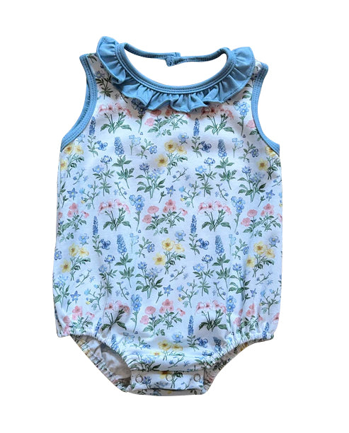Preorder SR3170 Girls Boutique Flower Leaf Blue Ruffle Sleeveless Bubble Romper 202506