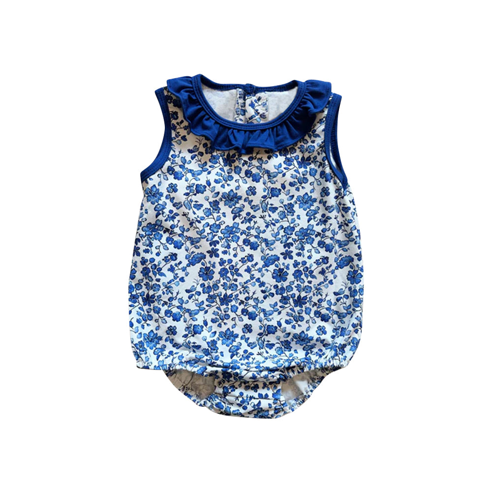 Preorder SR3171 Girls Boutique Floral Blue Ruffle Sleeveless Bubble Romper 202506