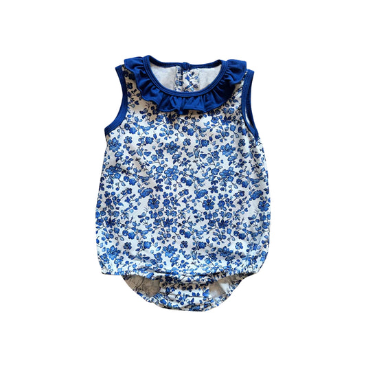Preorder SR3171 Girls Boutique Floral Blue Ruffle Sleeveless Bubble Romper 202506
