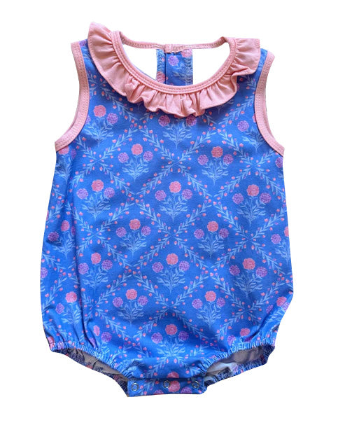Preorder SR3172 Girls Boutique Floral Plaid Blue Pink Ruffle Sleeveless Bubble Romper 202506