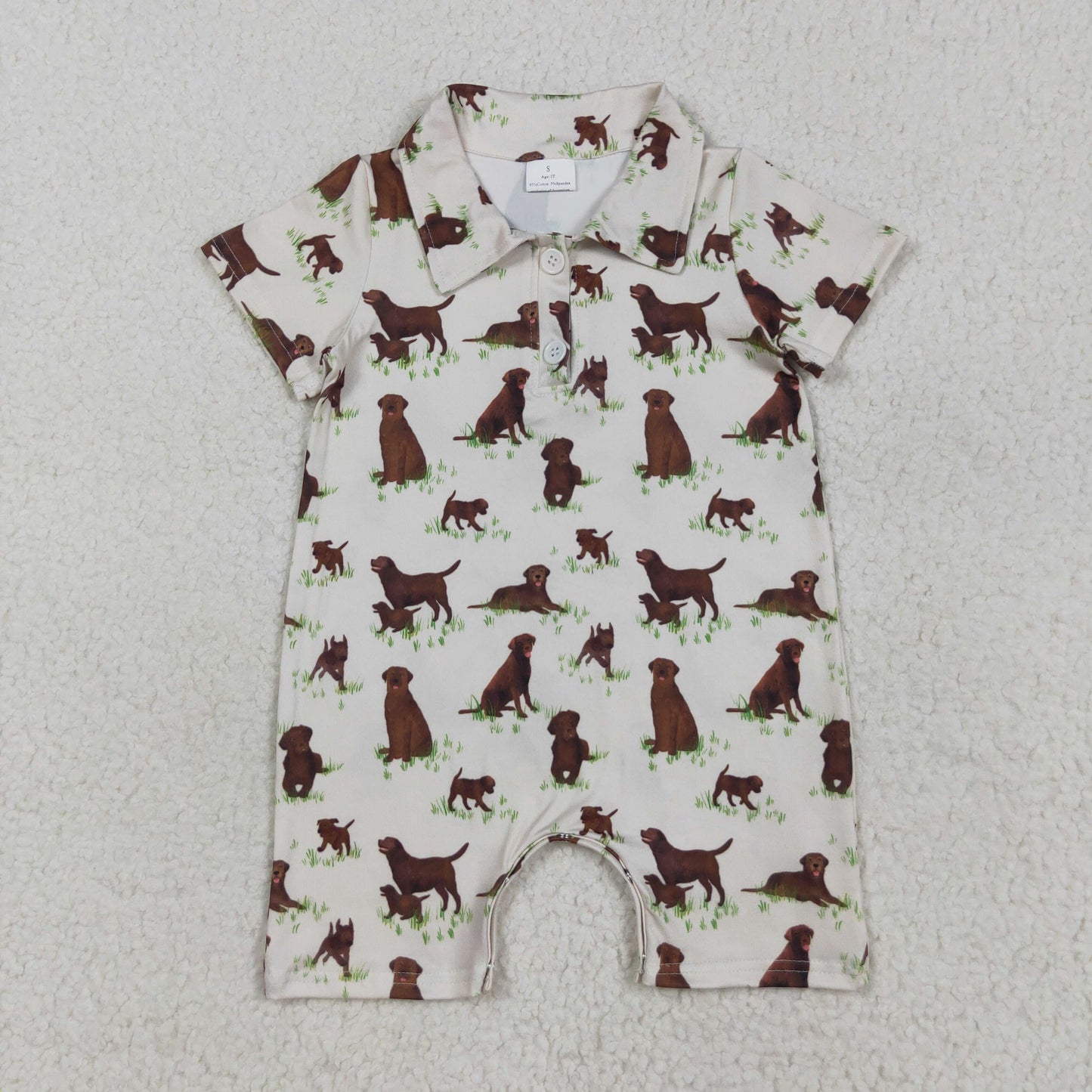 SR3174 Boys Boutique Puppy Grass Beige Button Neck Short Sleeve Romper 202507 RTS