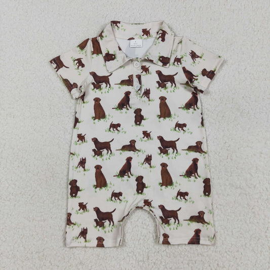 SR3174 Boys Boutique Puppy Grass Beige Button Neck Short Sleeve Romper 202507 RTS