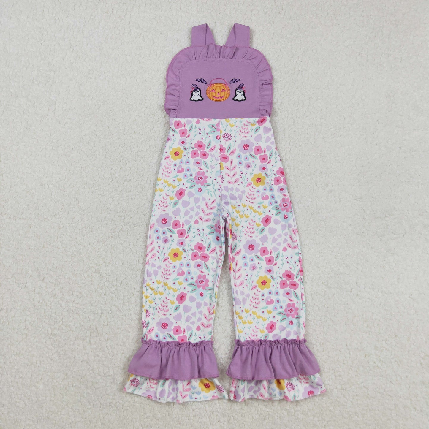 SR3177 Girls Boutique Embroidered Flower Pumpkin Ghost Purple Ruffle Overalls Jumpsuits 202508 RTS