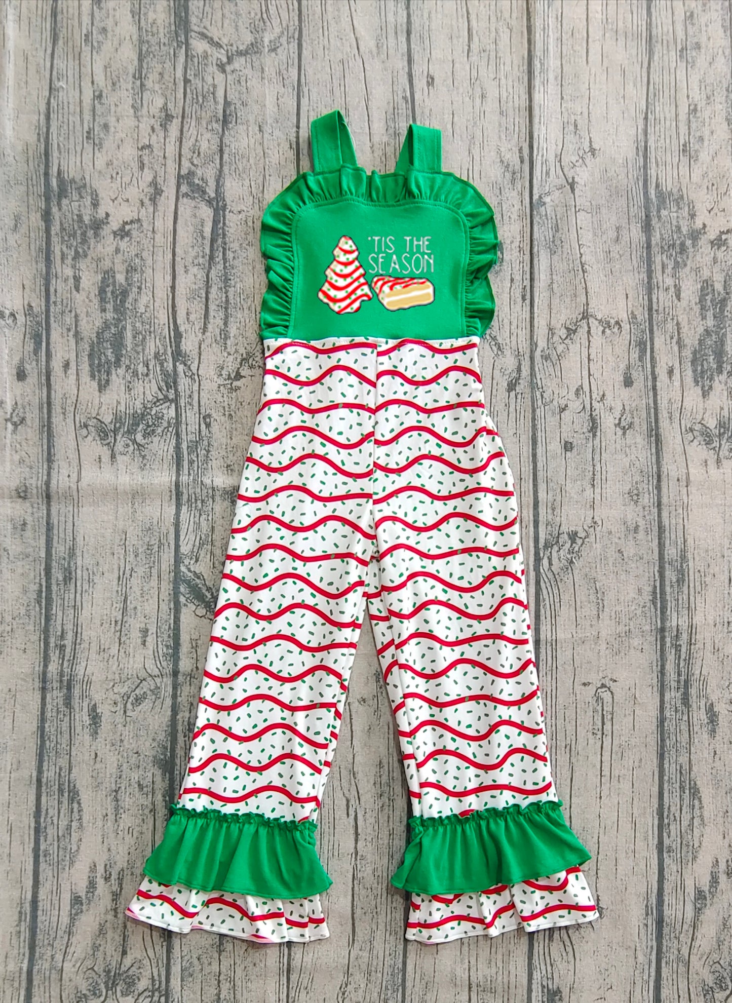 SR3178 Girls Boutique Embroidered Christmas  Green Ruffle Overalls Jumpsuits 202509 RTS