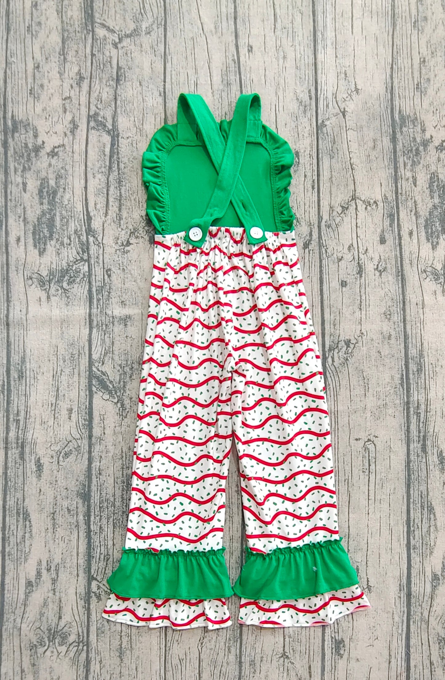 SR3178 Girls Boutique Embroidered Christmas  Green Ruffle Overalls Jumpsuits 202509 RTS