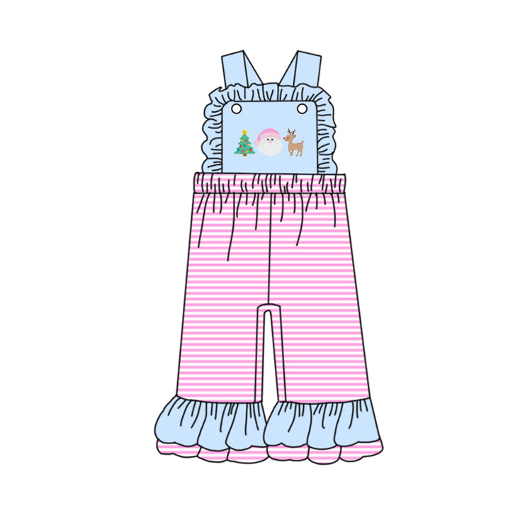 Preorder SR3179 Girls Boutique Santa Claus Tree Blue Ruffle Pink Stripe Overalls Jumpsuits 202506