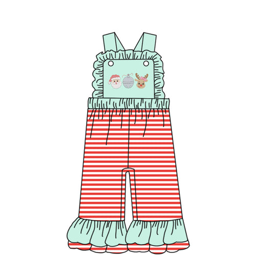 Preorder SR3180 Girls Boutique Christmas Santa Claus Deer Blue Green Ruffle Red Stripe Overalls Jumpsuits 202506