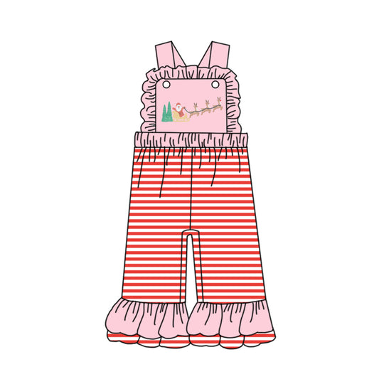 Preorder SR3181 Girls Boutique Christmas Santa Reindeer Red Stripe Pink Ruffle Overalls Jumpsuits 202506