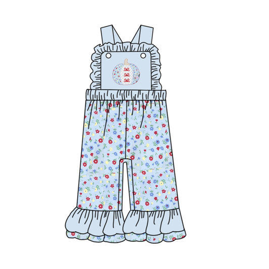 Preorder SR3182 Girls Boutique Halloween Pumpkin Floral Blue Ruffle Overalls Jumpsuits 202506