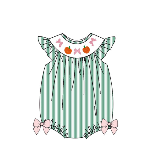 Preorder SR3183 Girls Boutique Pumpkin Bows Green Stripe Flying Sleeve Bubble Romper 202507