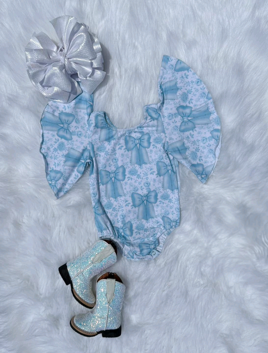 Preorder SR3186 Girls Boutique Flower Bows Blue White Short Sleeve Bubble Romper 202507