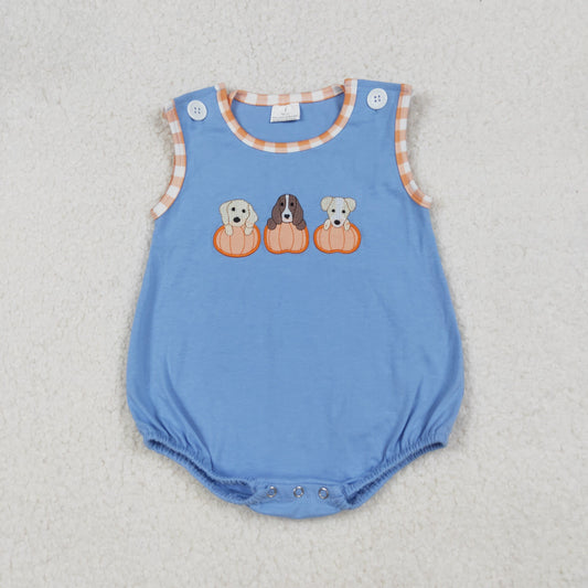 SR3190 Sibling Embroidered Puppy Pumpkin Blue Sleeveless Boys Bubble Romper 202509 RTS