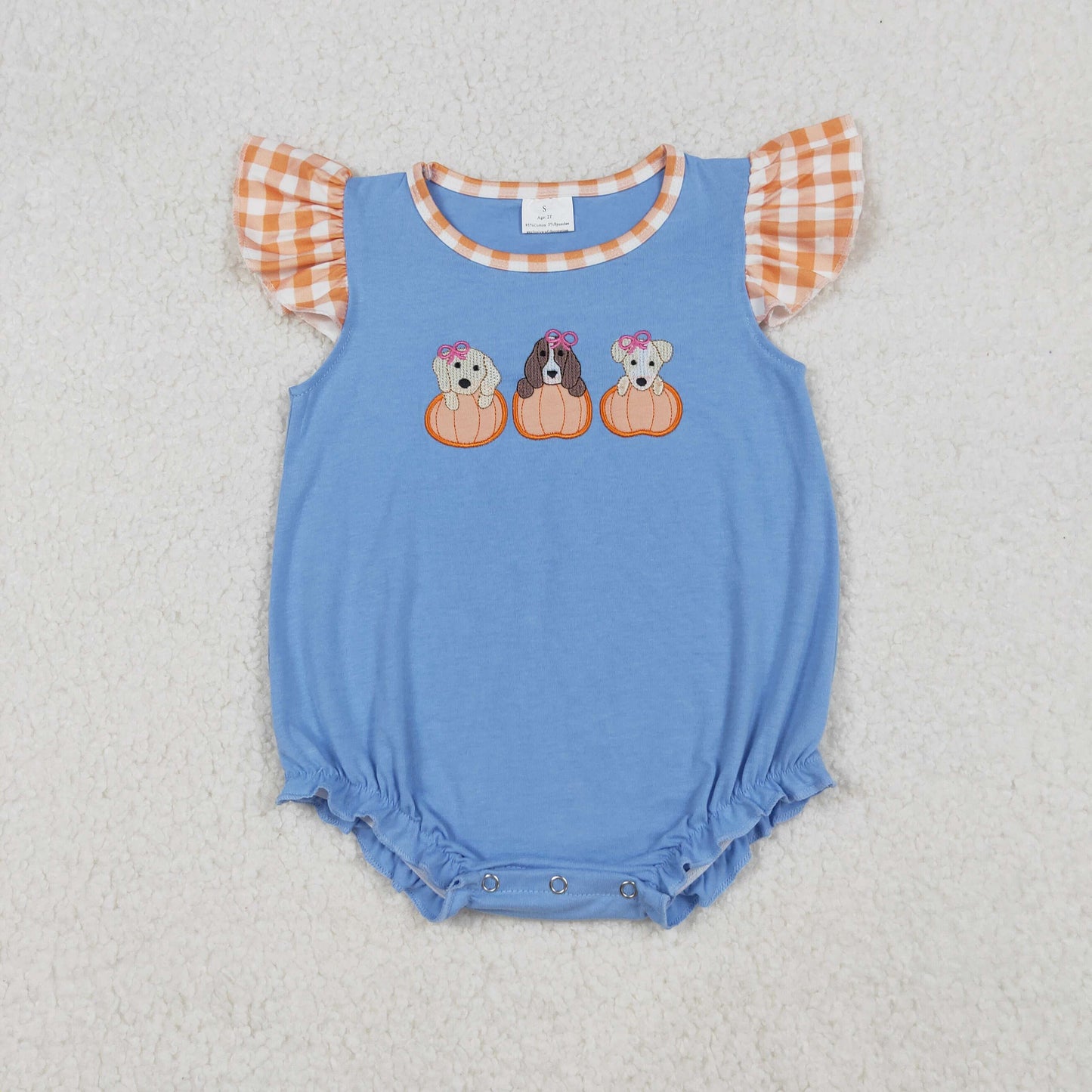 SR3191 Sibling Embroidered Puppy Pumpkin Orange Plaid Flying Sleeve Girls Bubble Romper 202509 RTS