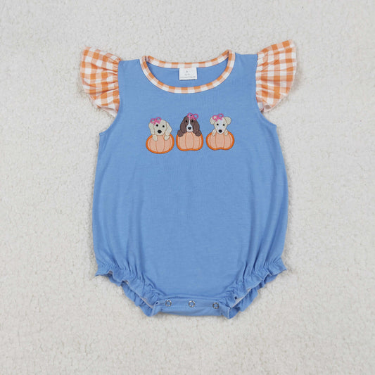 SR3191 Sibling Embroidered Puppy Pumpkin Orange Plaid Flying Sleeve Girls Bubble Romper 202509 RTS