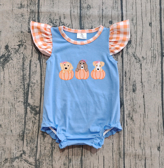 SR3191 Sibling Embroidered Puppy Pumpkin Orange Plaid Flying Sleeve Girls Bubble Romper 202509 RTS