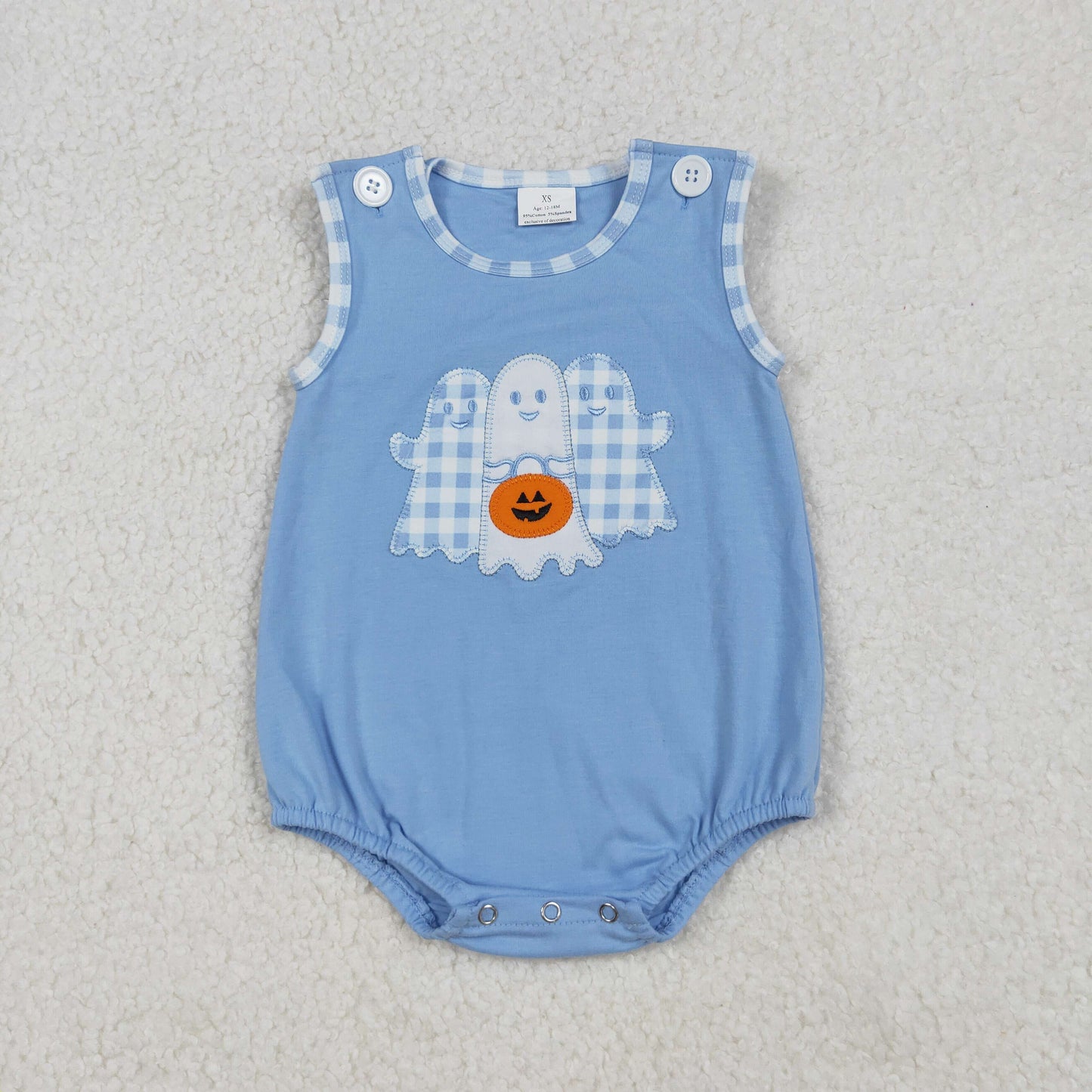 SR3197 Embroidered Halloween Ghost Blue Sleeveless Boys Bubble Romper 202509 RTS