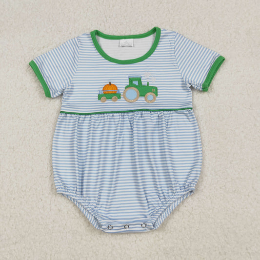 SR3201 Embroidered Pumpkin Blue Stripe Green Short Sleeve Boys Bubble Romper 202509 RTS